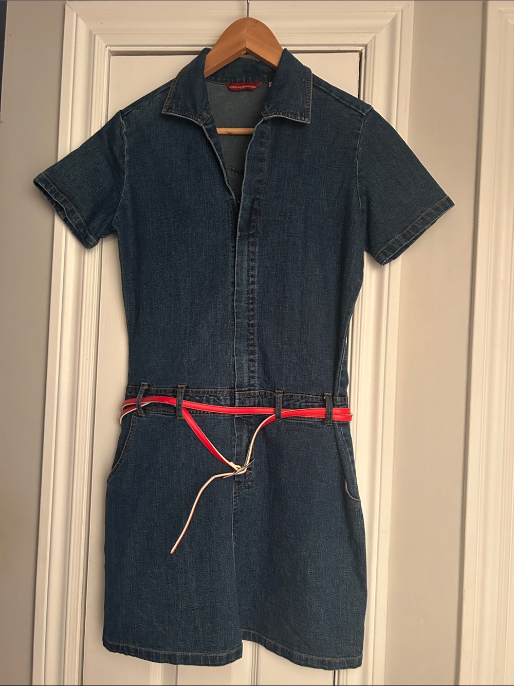 Blue Denim Short Sleeve dress with Red Belt